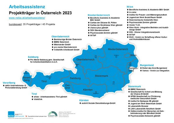 Karte von Österreich mit Arbeitsassistenz Projekten