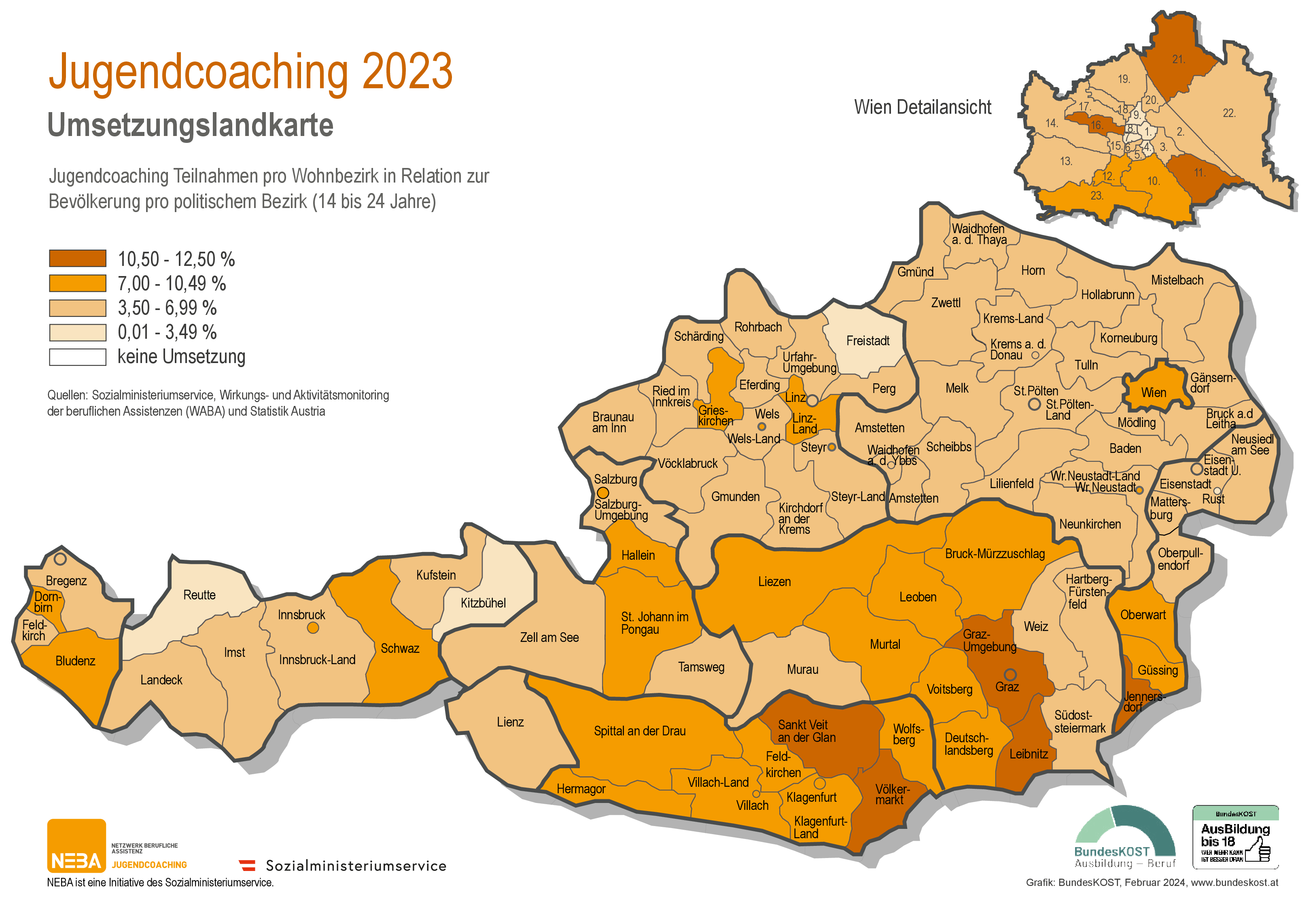 Karte von Österreich mit Umsetzungsquote am Beispiel Jugendcoaching (PDF)