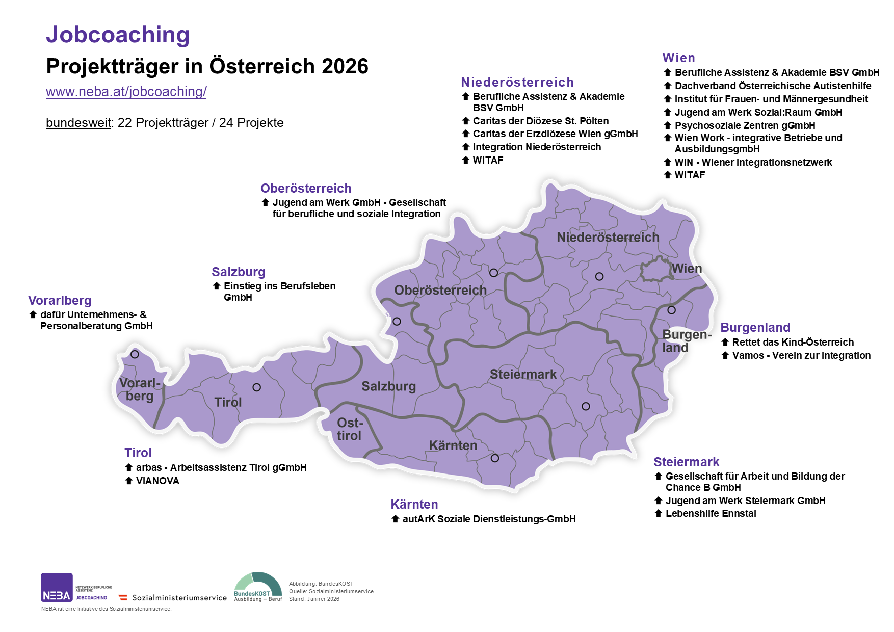 Karte von Österreich mit Jobcoaching Projekten, siehe auch barrierefreie Textversion Arbeitsassistenz Projektträger 2026 (PDF)